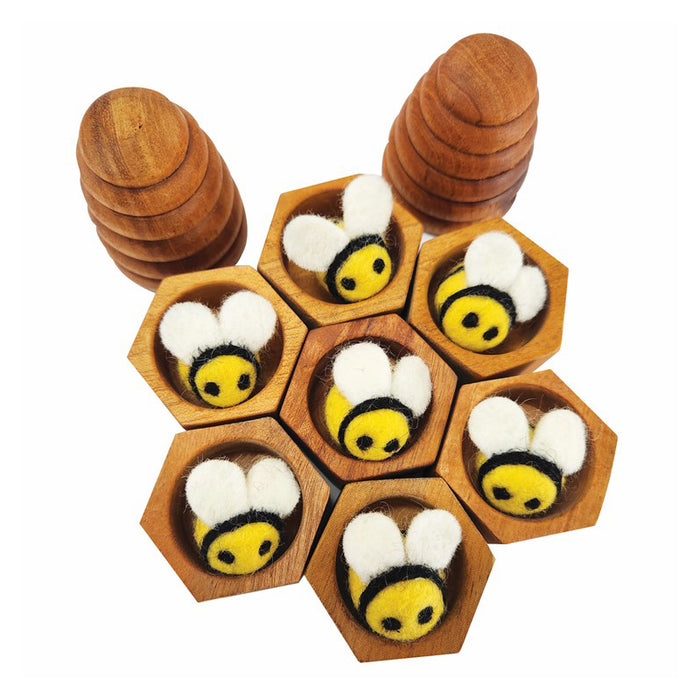 Wooden Honeycomb Bee Hive & Felt Bee Set