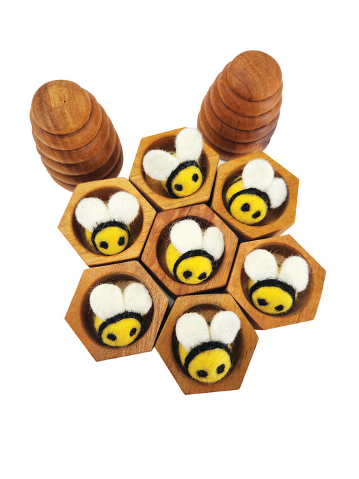 Wooden Honeycomb Bee Hive & Felt Bee Set
